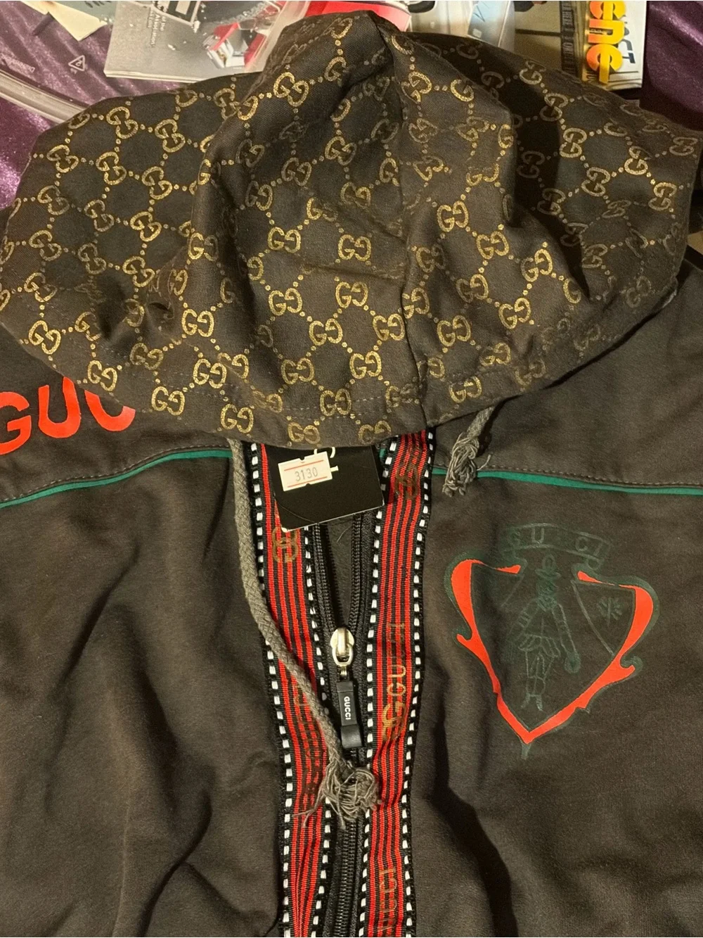 Gucci Brown Hooded Bomber Jacket with Red Trim